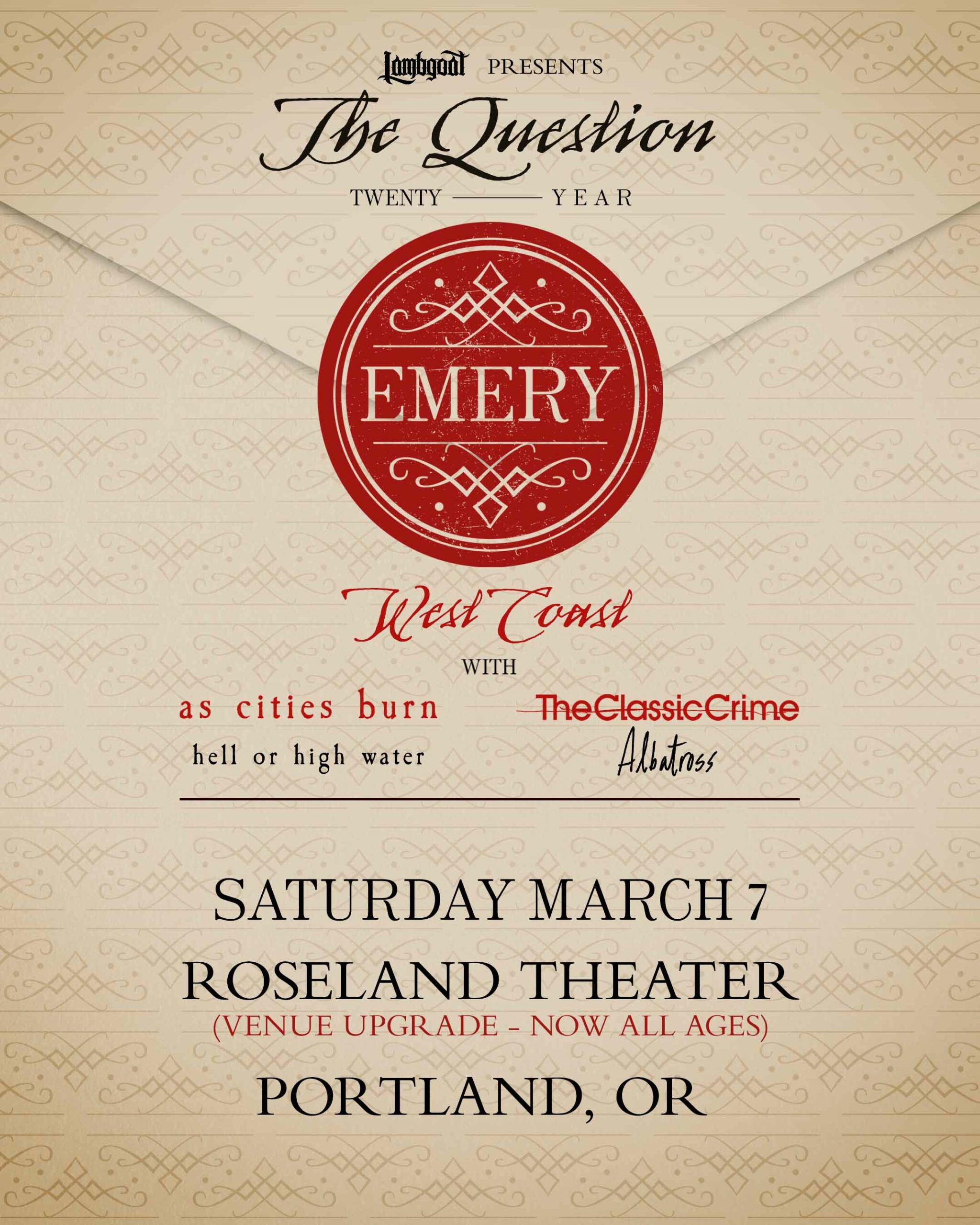 Emery — 20th anniversary of The Question *MOVED FROM HAWTHORNE THEATRE*